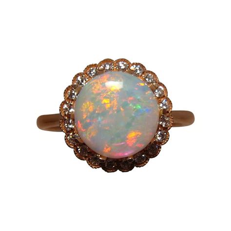 Round White Opal Diamond Ring 14k Gold Opal Ring Flashopal