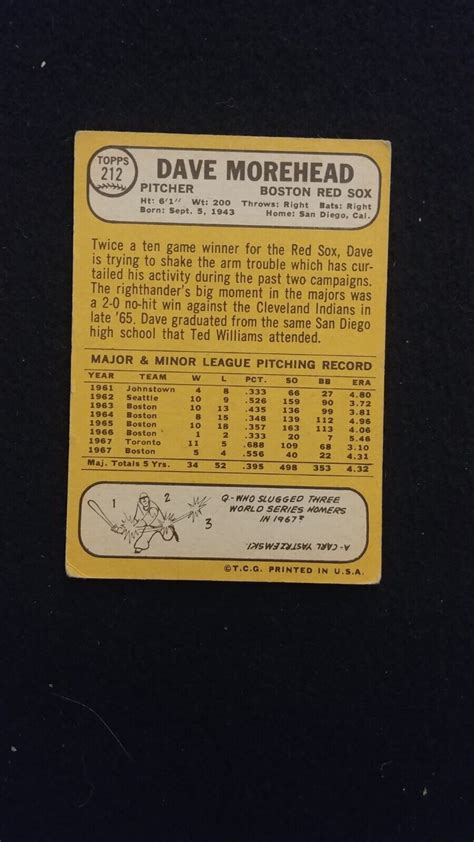 1968 Topps Baseball Card 212 Dave Morehead Ebay
