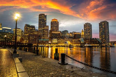 Boston Cityscape At Night Stock Image Image Of Harbor 228202387