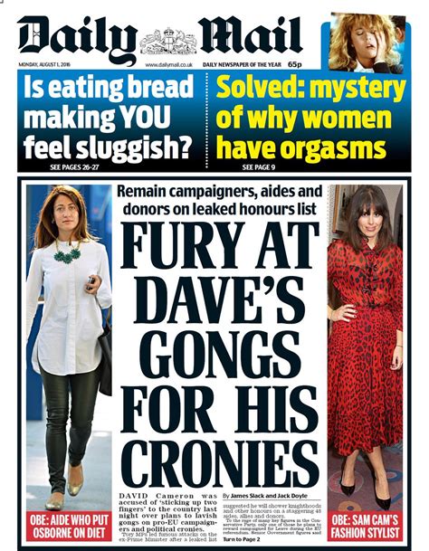 Mondays Daily Mail Front Page Fury At Daves Gongs For His Cronies