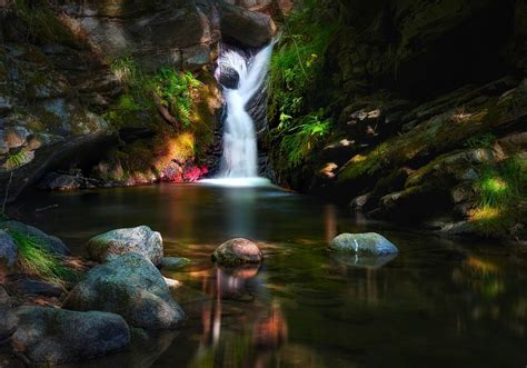 Stones Waterfall Moss Grass Creeks Long Exposure Nature Landscape