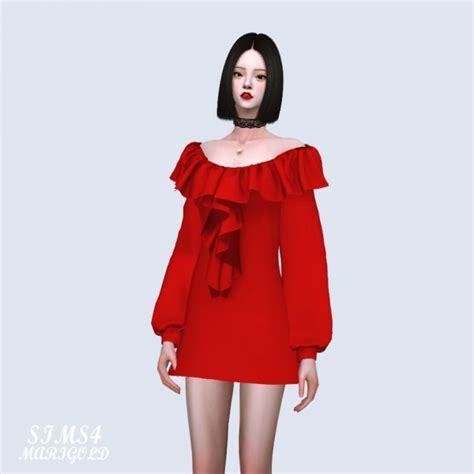 Sims4 Marigold Spring Off Shoulder Frill Mini Dress • Sims 4 Downloads