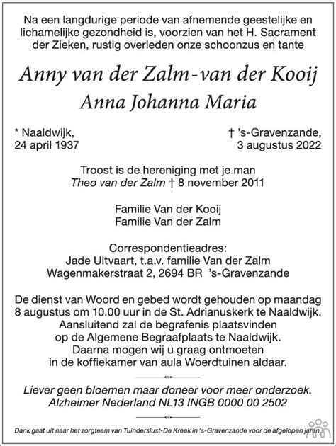 Anny Anna Johanna Maria Van Der Zalm Van Der Kooij 03 08 2022