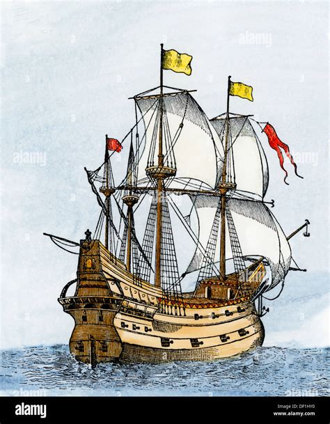 Spanish Galleon From Jurier De La Graviere 1500s Hand Colored Stock