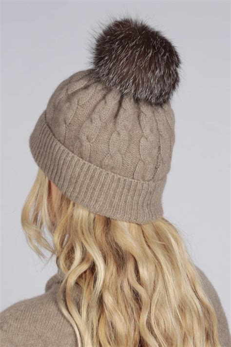 Camel Brown Pure Cashmere Fur Pom Pom Cable Knit Beanie Hat Italy In