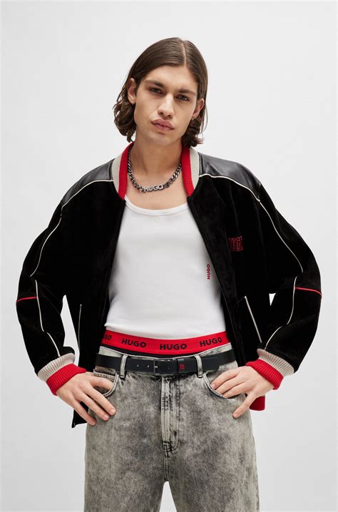 HUGO - Leather belt with stacked-logo keeper and polished hardware