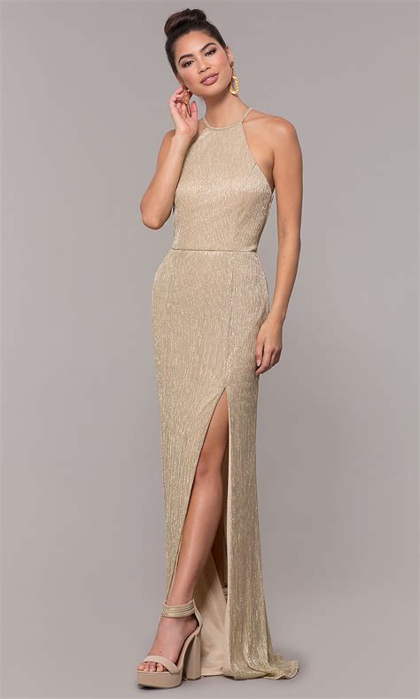 Long Gold Lame Prom Dress With Side Slit Promgirl