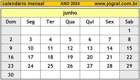 Calendário Mensal Junho De 2024 Imprimir Mês De Junho2024