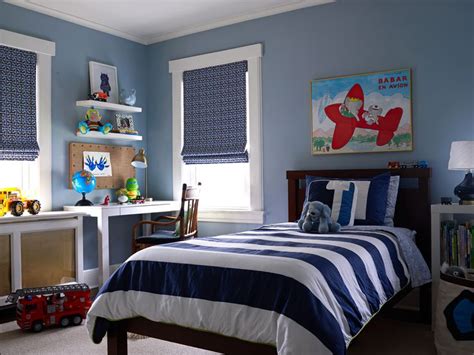 Boys Bedroom With Geometric Roman Shades And Striped Bedding By Kk