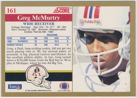Greg Mcmurtry New England Patriots 1991 Score Football Base