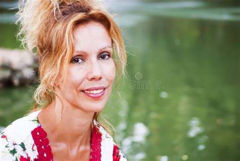 Portrait Of Middle Aged Pretty Woman Outdoors Stock Photo Image Of
