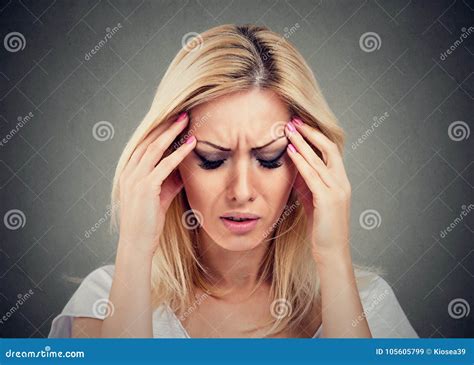 Sad Woman With Worried Stressed Face Expression Looking Down Stock