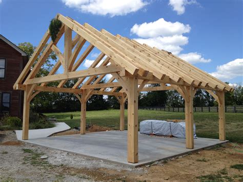 You'll need space to walk around the vehicle, open the doors, and safely park it. #kingpost #trusses #timberframe | Backyard pavilion, Timber frame construction, Pavilion plans