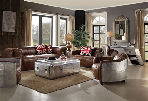 Brancaster Modern Brown Top Grain Leather Wood Living Room Set Loveseat