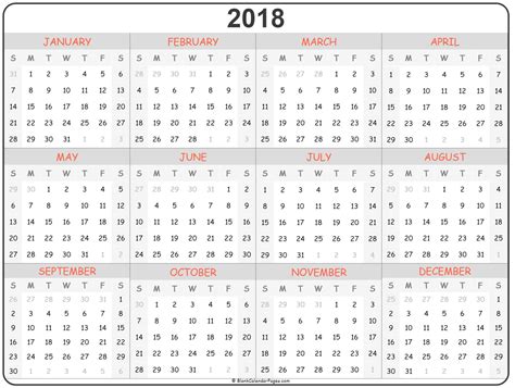 2018 Year Calendar Yearly Printable