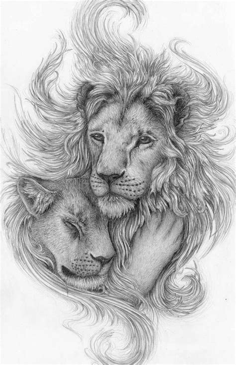 Lion And Lioness Hugging Drawing In Black And White Lion Thigh Tattoo