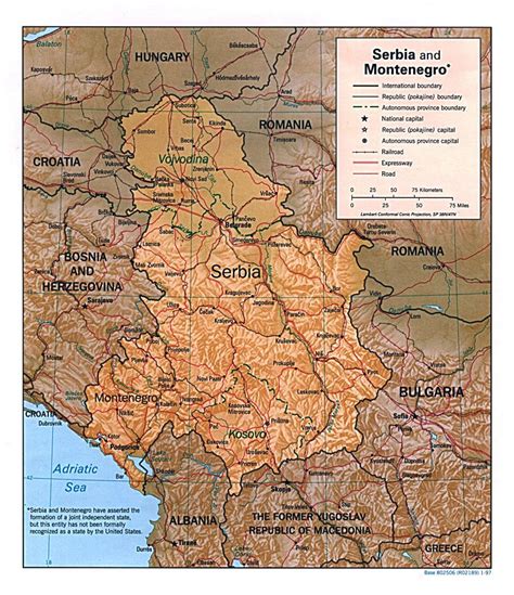 Detallado Mapa Político De Serbia Y Montenegro Con Relieve 1997