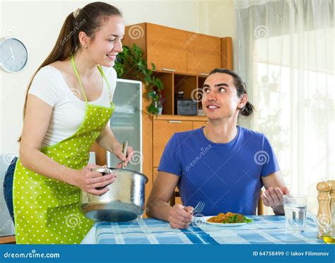 Woman Serving Food Her Husband Stock Image Image Of Female Play