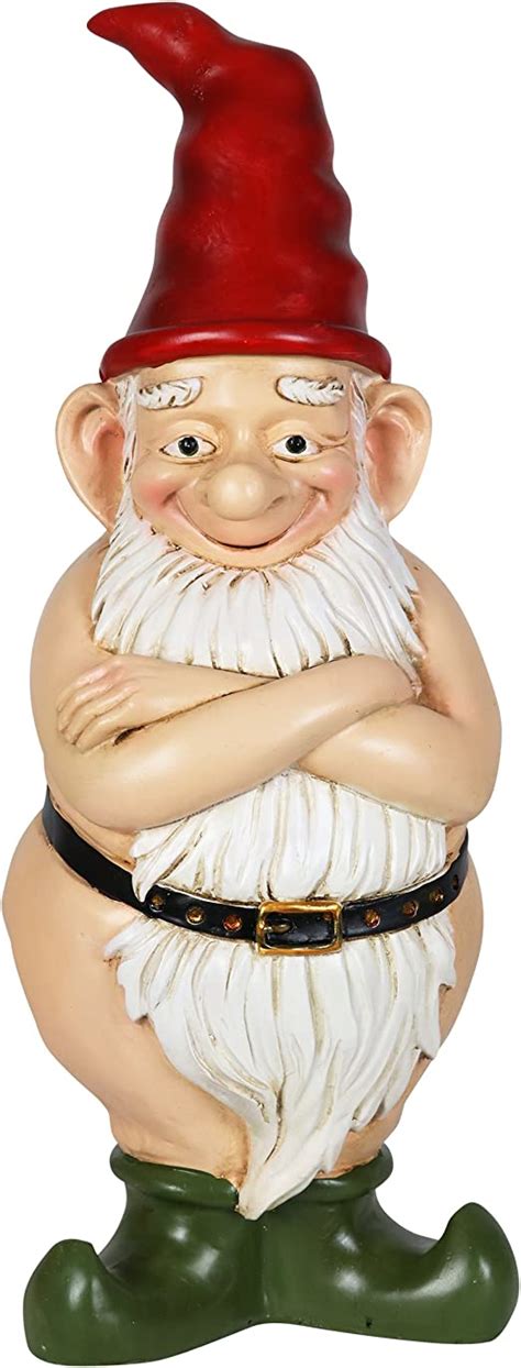 Exhart Naked Gnome Garden Statue Funny Resin Gnome Statue W Long White Beard Wearing Only Red