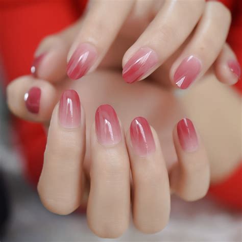 Gradient Russet Red Pink French False Nails Oval Round Press On Uv Fake