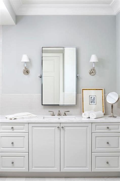 I painted my entry and upstairs hallway with valspar's seagull gray. Light Gray Subway Tiles with White Bath Vanity ...