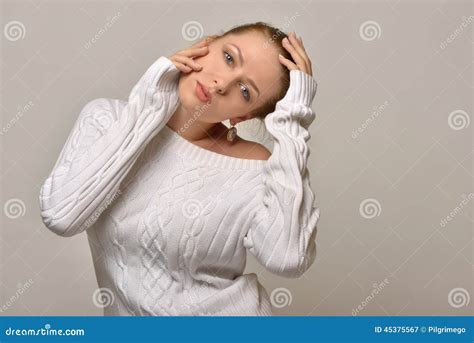 Beautiful Woman In White Sweater In Studio Stock Image Image Of Girl