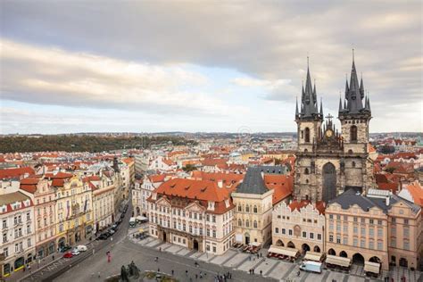 Prague Old Town Square Aerial View Czech Republic Cloudy Day Stock
