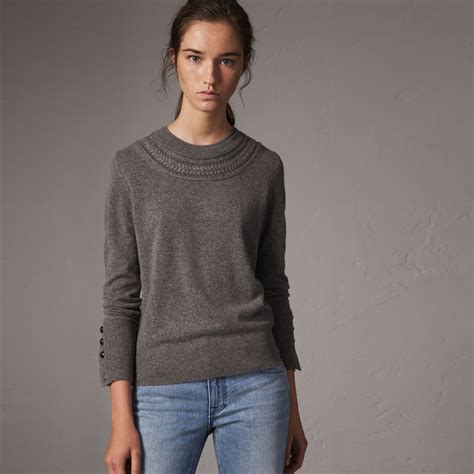 Cable Knit Yoke Cashmere Sweater In Mid Grey Melange Women Burberry
