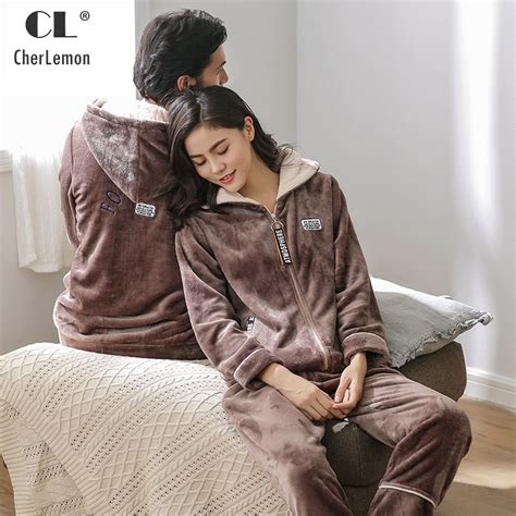 cherlemon couple winter long sleeved coral velvet zipper up pajama suit warm thickened men and