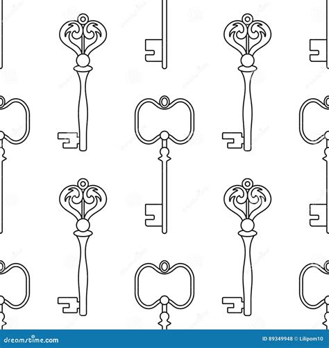 Black And White Seamless Pattern With Vintage Old Keys For Coloring