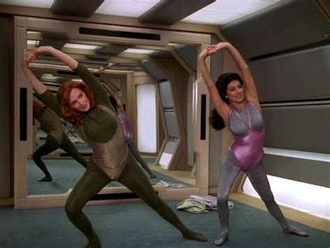 Deanna Troi And Beverly Crusher Exercising In Tights Gates McFadden Marina Sirtis Deanna Troi