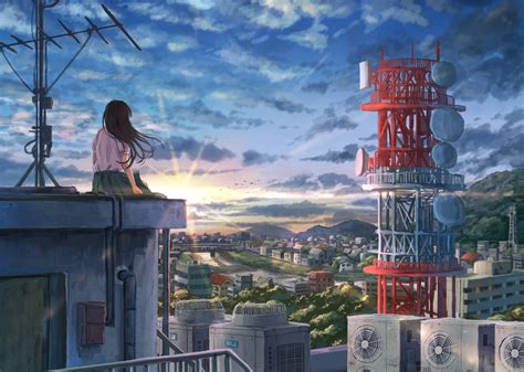 Download 2039x1450 Anime Girl Sit Scenic Buildings Sunset Back