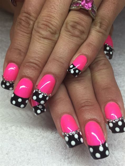 Hot Pink And Black With Polkadots Nails Nailart Black Nail Designs