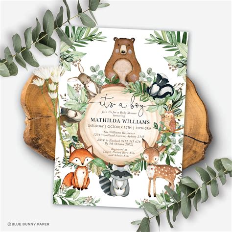 Editable Woodland Baby Shower Invitation Cute Forest Greenery Etsy