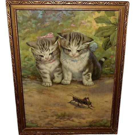 Vintage Chromolithograph Of Two Kittens Watching Grasshopper By Varian