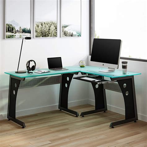 Techni Mobili Deluxe Tempered Frosted Glass L Shaped Corner Desk With Pull Out Keyboard