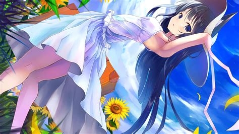 Wallpaper Illustration Flowers Long Hair Anime Girls Blue Eyes Brunette Sky Hat Clouds
