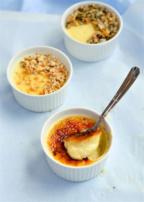 A dessert of custard, covered by a brittle layer of browned sugar. Growing pains/-/ Creme brulee three ways | The moonblush Baker
