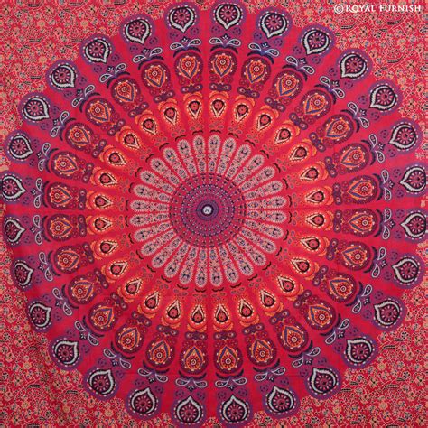 Red Psychedelic Bright Floral Mandala Hippie Tapestry Bedspread