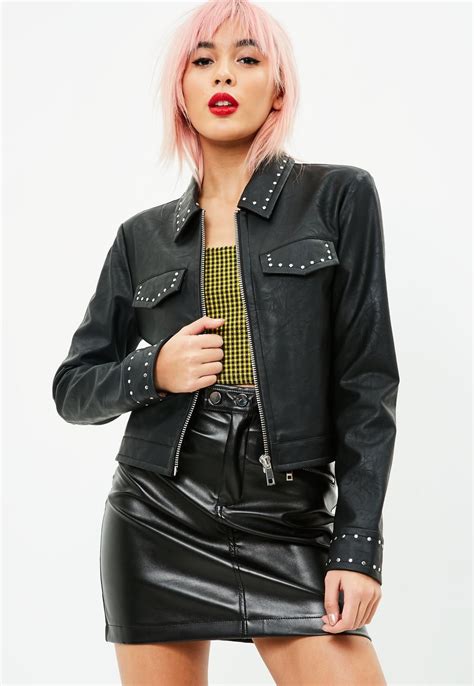 Black Faux Leather Studded Biker Jacket Missguided Jackets Womens