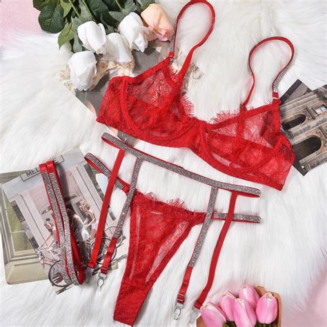 4pcs Womens Lingerie Sets Bra Panties Sexy Sheer Floral Lace Rhinestones Strap Ebay