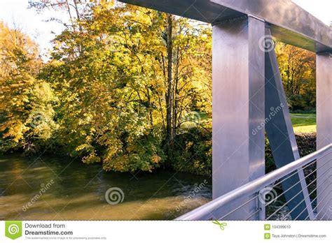 Steel Bridge Over Autumn River Stock Photo Image Of Golden Foliage