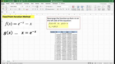 Fixed Point Iteration Method On Excel Numerical Methods Youtube