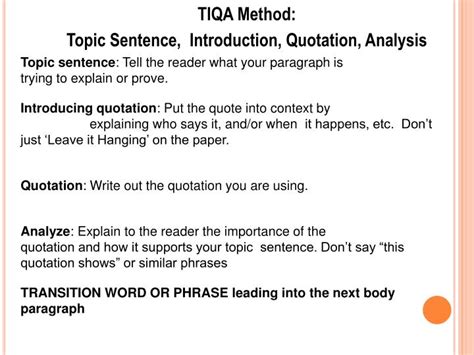 Basically, the way that learners introduce their work plays a crucial role in. PPT - TIQA Method: Topic Sentence, Introduction, Quotation, Analysis PowerPoint Presentation ...