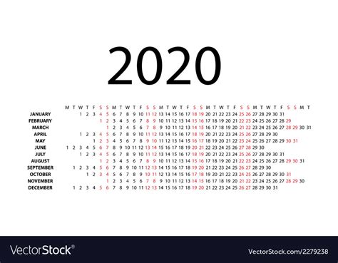 Horizontal Calendar For 2020 Royalty Free Vector Image