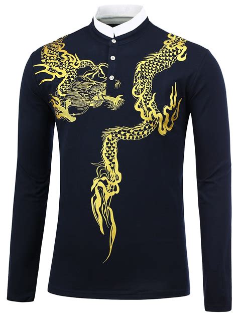 41 Off 2021 Stand Collar Dragon Print Shirt In Sapphire Blue Dresslily