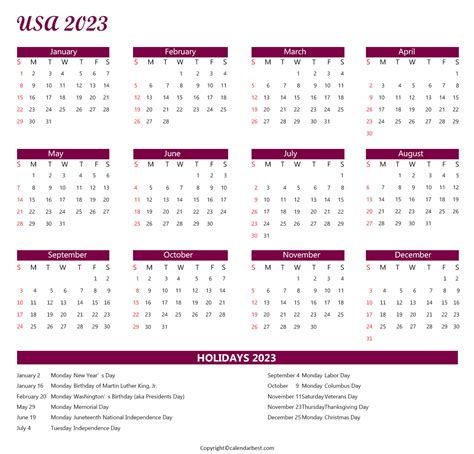 Usa Calendar 2023 With Holidays Free Printable In Pdf