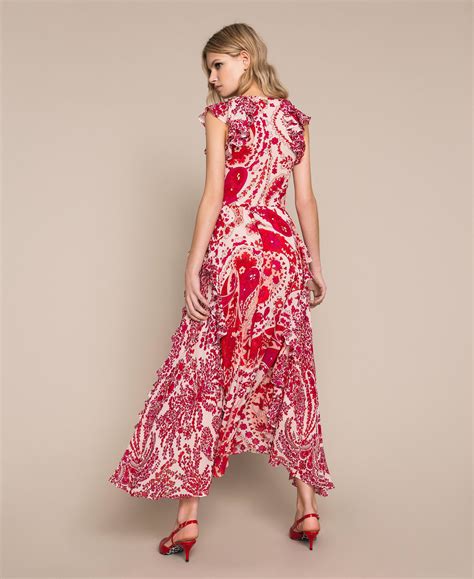 Abito lungo in georgette elegante con monospalla a tubino. Abito lungo in georgette a stampa cashmere Donna, Rosso ...