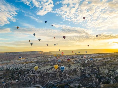 Premium Photo Spectacular Drone View Of Hot Air Balloons Ride Over