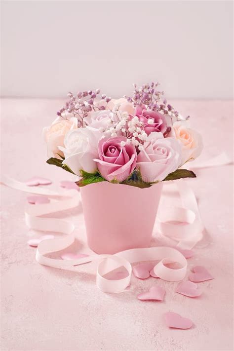 Festive Composition With Beautiful Delicate Roses Flowers In Pink Round